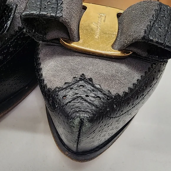 Ferragamo Vara Spectator Platform Pumps Gray Suede & Black Leather US 10, IT 40 - Picture 10 of 14